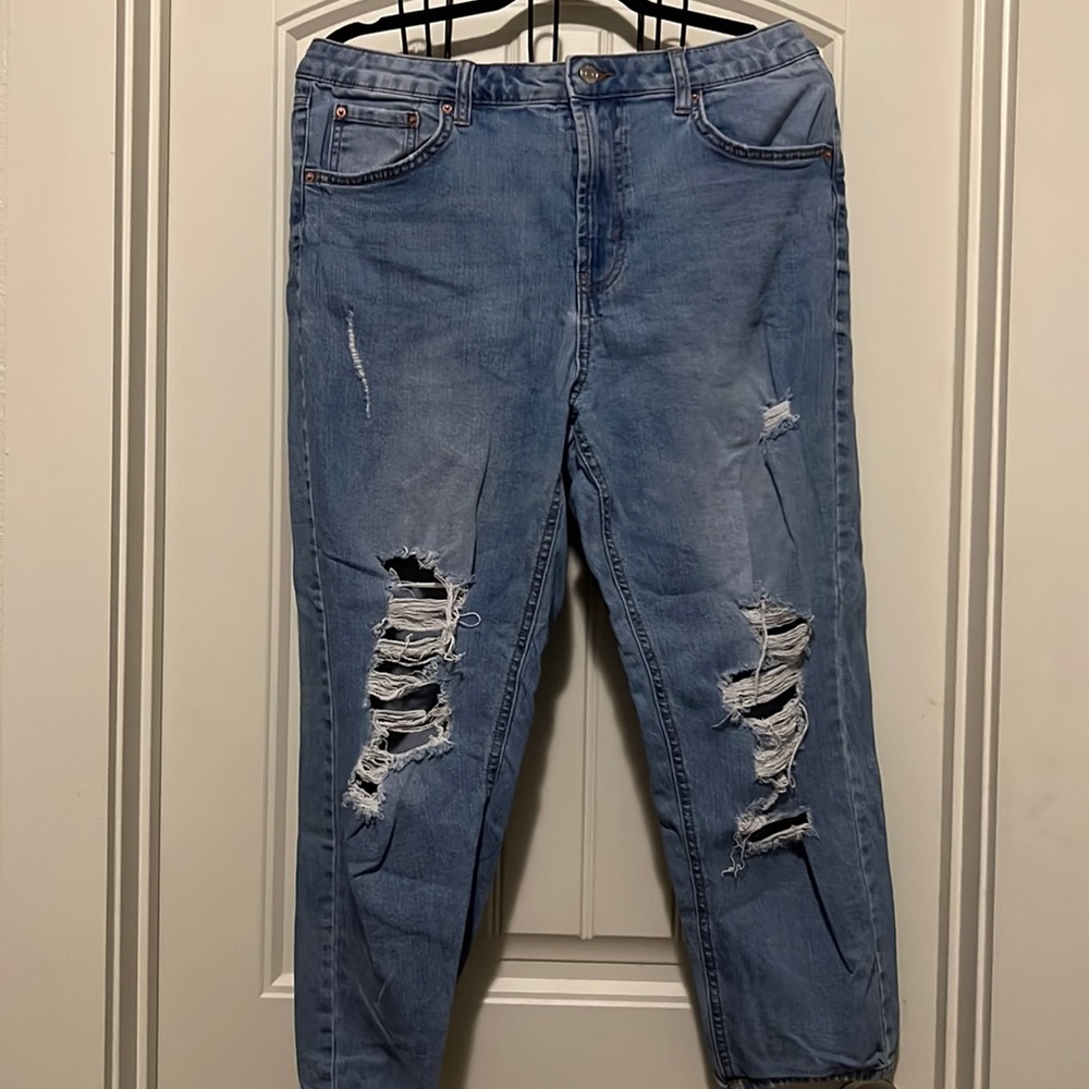 High rise distress mom jeans